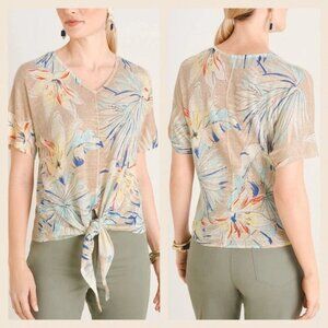 Chico's Linen Blend Top Size 1 (8) Short Sleeve Tropical NWOT